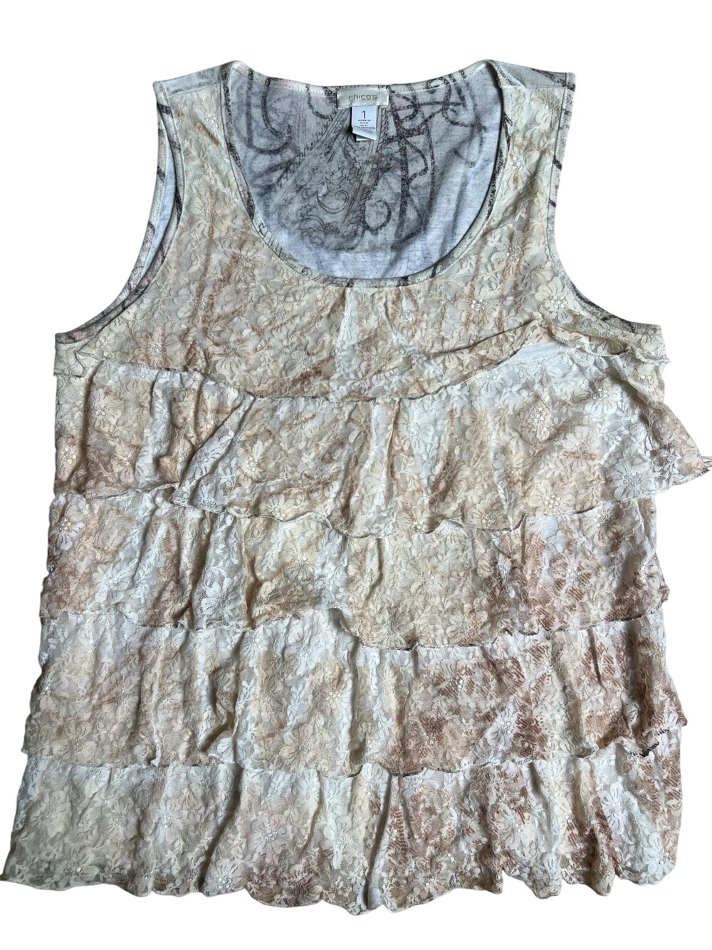 Chico's Tunic Womens 1 Beige Lace Lined Sleeveless Scoop Neck Ruffle Floral